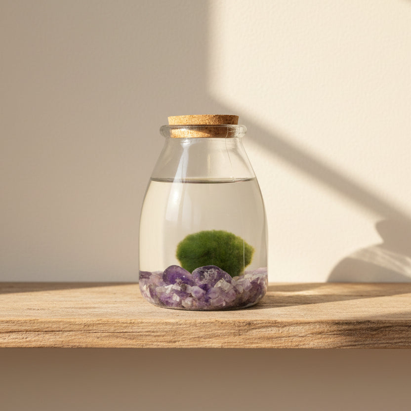 Marimo Akan con Minerales | Amatista y Cuarzo Rosa