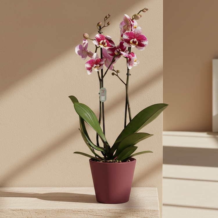 Planta de interior orquídea Phalaenopsis blanco y granate elegante