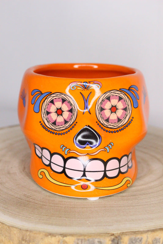 Macetero Calavera Mexicana Naranja L