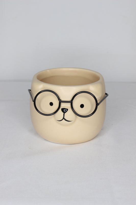 Macetero Mini Perrito Gafas Crema
