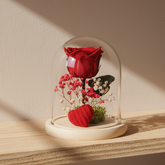 Detalle de rosa preservada roja con paniculata bajo cúpula de cristal