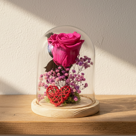 Rosa fucsia eterna en cúpula decorativa con paniculata rosa